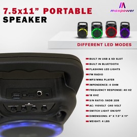 Max Power Portable Speaker – MPD661 Bluetooth Sound System - Portable Karaoke Machine with Rechargeable Battery, Flashing LED Lights, Built-in USB & SD Slot and Easy to Carry Handle