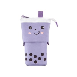 Bojueshaw Cute Milk Tea Stand-Up Pencil Case,Telescopic Cartoon Canvas Pen Holder,Stationery Makeup Bag for Boys Girls Office Supplies(Brown)