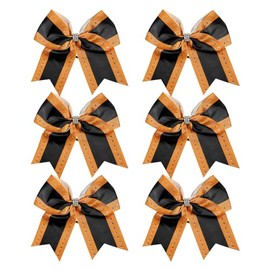 Cheerleader Bows 8 Inch Comb Color Cheerleader Ponytail Holder with Rhinestones, Set of 6 (Orange/Black)