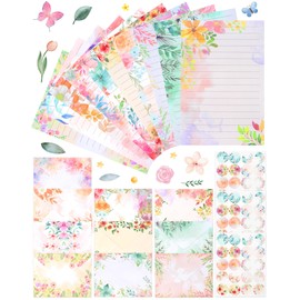 Zooyinfy 160 Pcs Stationery Paper Set Including 50 Matching Envelopes 50 One Sided Stationery Writing Papers 60 Round Dot Sticker for School Office Supplies,10 Design, 5.5 x 8.25 Inch(Flower)