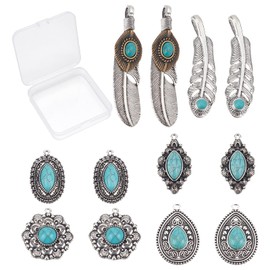SUNNYCLUE 1 Box 12Pcs 6 Styles Synthetic Turquoise Charms Alloy Feather Teardrop Flower Tibetan Style Vintage Antique Silver Pendants for Jewelry Making Charms Bracelets Necklaces Supplies
