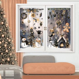 Kreatwow Black Gold Christmas Window Decorations 6pcs Christmas Window Clings Snowmen Ginger Bread Christmas Tree Stickers Xmas Deer Stickers for Xmas Winter Holiday Party Baby Shower Bridal Shower