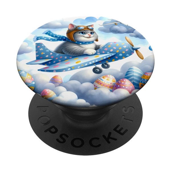 Cat Pilot Navigating Toy Airplane. Easter Holiday Egg Flying PopSockets