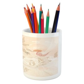 Lunarable Rose Pencil Pen Holder, Romantic Feminine Blossoming Flower Hand Drawn Valentines Day Themed Petals, Printed Ceramic Pencil Pen Holder for Desk Office Accessory, Pale Peach and Brown