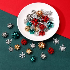 42/45PCS Christmas Charms for Jewelry Making, Metallic Xmas Bow Charms Assorted Holiday Snowman Christmas Tree Snowflake Pendant Charms Bulk for DIY Crafts Bracelet Necklace (45PCS Bow+Snowflake)