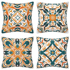 QUALKNOY Set of 4 Velvet Cushion Covers 18"x18" Orange Green Modern Boho Decorative Retro Throw Pillow Covers 45 x 45 cm for Sofa Living Room Outdoor Garden Pillowcases