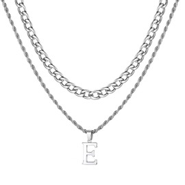 VCCKNB JEWELRY Initial Necklaces for Men, A-Z Letter Necklace 316l Stainless Steel Cuban Link Chain Layered Alphabe Pendant Necklace for Boyfriend Lover Valentines Gift (E)