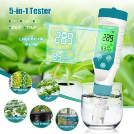 PH Meter for hydroponics & Spa Salt Tester – 5‑in‑1 pH, Salinity, TDS, EC & Temp Meter with 12.88 mS/cm Calibration – Saltwater Pool, Hot Tub & Aquarium Water Quality Monitor