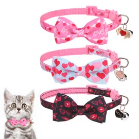 KOOLTAIL Valentine's Day Cat Collar Breakaway with Bowtie and Bells, 3 Pack Cute Kitten Collars, Adjustable Safety Buckle Heart Charm Pendant Pet Collars for Kitty Boys Girls Cats Holiday Pink