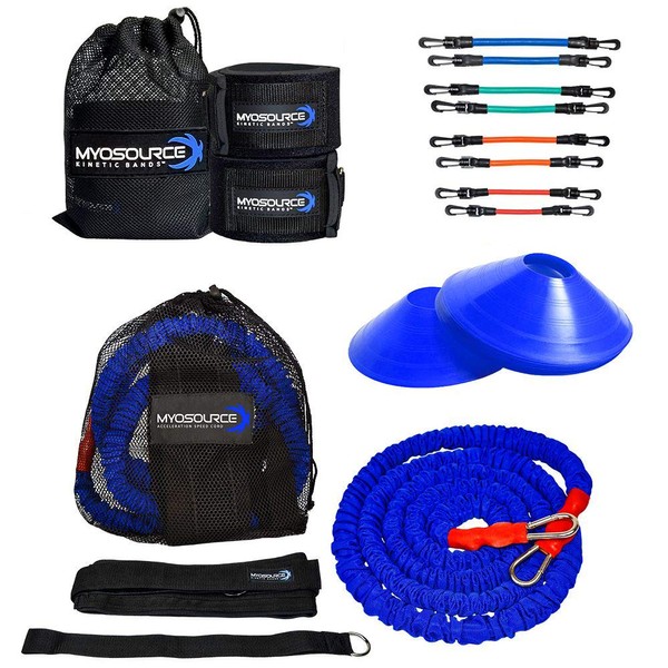 Kinetic Bands 360 Speed Agility Training Kit - Leg Resistance Bands, Bungee Speed Cord, Quick Feet Training Cones (Waist Size: Large (40 inches or More) - Blue, Green, Orange, Red Bands)
