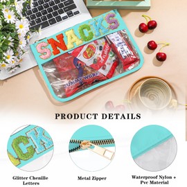 DYSHAYEN Chenille Letter Clear Zipper Pouch for Travel,Nylon Clear Cosmetic Bag,Makeup Travel Bag for Women Girls 11.8 Inches x 8.2 Inches (Green-Snacks)
