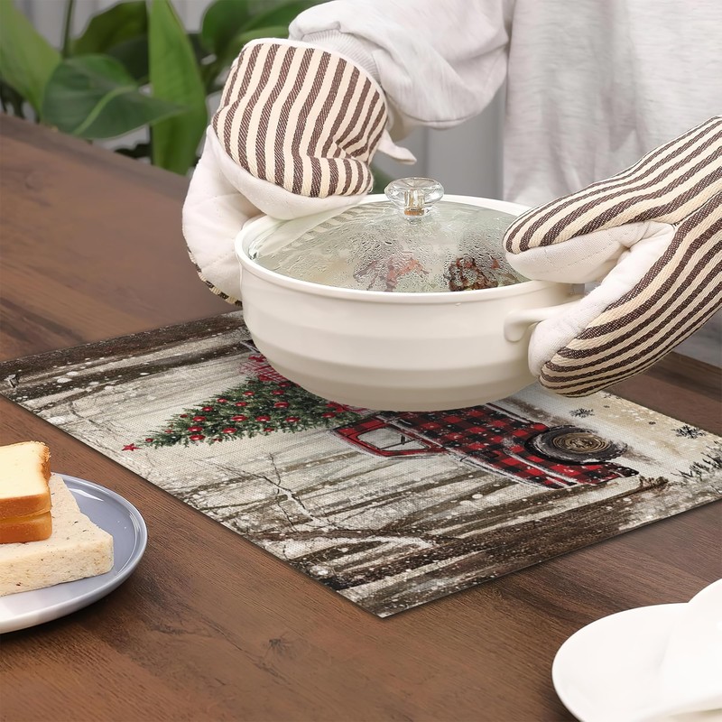 Red Truck Placemats Set of 6,Christmas Tree Waterproof Non-Slip Washable