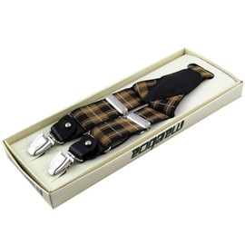 Vesuvio Napoli New Y back Men's Suspenders Braces clip on Formal plaid checkers brown gold