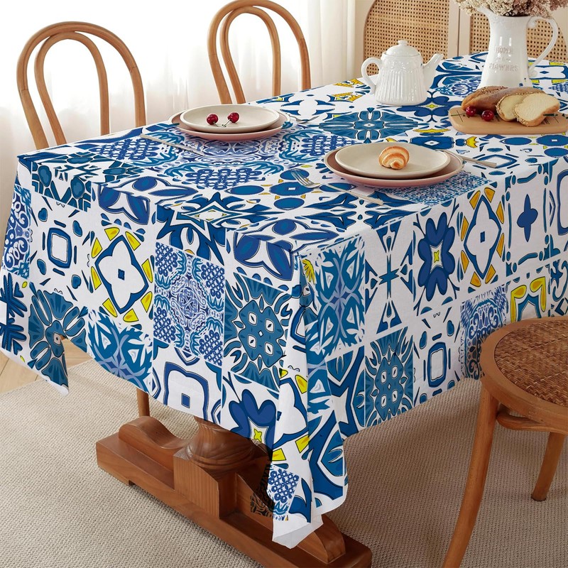AIBIIN 142x213cm Blue Tablecloth Moroccan Tiles Patchwork Style Rectangular Table