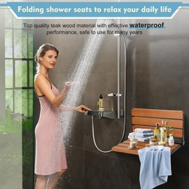 18 inch Premium Folding Teak Shower Seat Wall Mounted - Heavy Duty 400lb Capacity, Foldable Shower Bench for Small Spaces, Elderly, Pregnant & Home Care, Durable Teak Wood Shower Bench