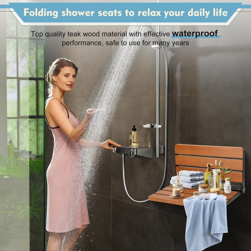 18 inch Premium Folding Teak Shower Seat Wall Mounted -