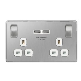 Masterplug 13 A 2 Gang Screwless Flat Plate Brushed Steel Switched Socket with 2 x USB - White Insert