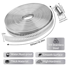 WSWECCL Hose Clamps 50FT Strap+25 Fasteners,DIY Cut-To-Fit 304 Stainless Steel Adjustable Large Worm Gear Band Clamp Assortment Kit,Metal Screw Fasteners and Strapping for Pipe,Duct,Pole,Tube