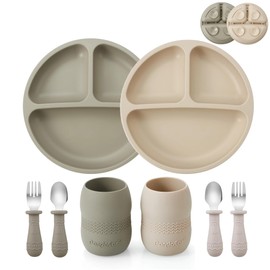 PandaEar Silicone Baby Feeding Set| 2 Pack Silicone Divided Suction Plate and 2 Pack Tiny Cup with 2 Spoons 2 Forks| Baby Led Weaning Supplies Self Feeding Eating Utensils (Silverware Set)