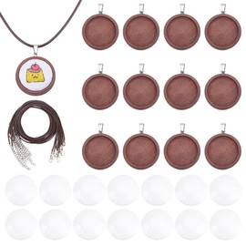 PH PandaHall 12 Sets Wood Embroidery Necklace Kit Pendant Tray Set Embroidery Pendant Kit Round Pendants Trays Base Blank Bezel with Cabochons and Ropes for Necklace Earring Jewelry DIY, Brown, 25mm