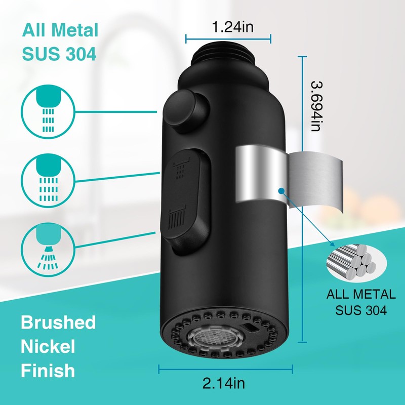 Metal Kitchen Faucet Head Replacement, 3-Function Pull Down Spray Head