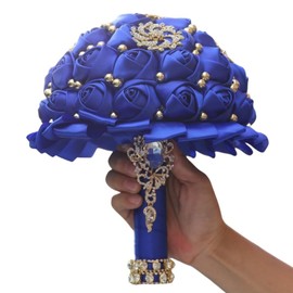 Gkvszy Royal Blue Bridal Wedding Bouquet with Gold Brooch Rhinestone Pearl Satin Rose Flower Bouquet for Bride Bridesmaid Quinceanera Wedding Royal Blue 7.1in