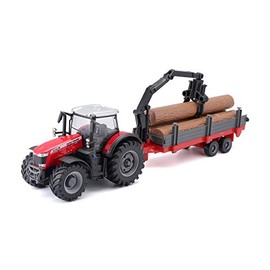 Bburago B18-31659 10CM Massey FERGUSSON 8740S Tractor with Log Trailer, Assorted Designs and Colours