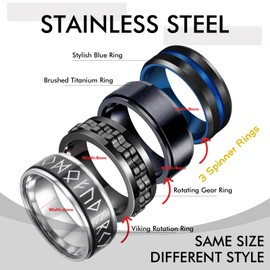 4Pcs Mens Rings Set Anxiety Spinner Chain Rotation Fidget Band Cool Bicycle Hip Hop Stainless Steel Male Jewelry,Blue,11