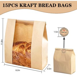 15 Pack Large Sourdough Bread Bags for Homemade Bread Gifting Bakery Bags with Window Loaves Paper Bread Bags for Baked Food Packaging Storage with Seal Stickers (11.8x8.2x3.5inch)
