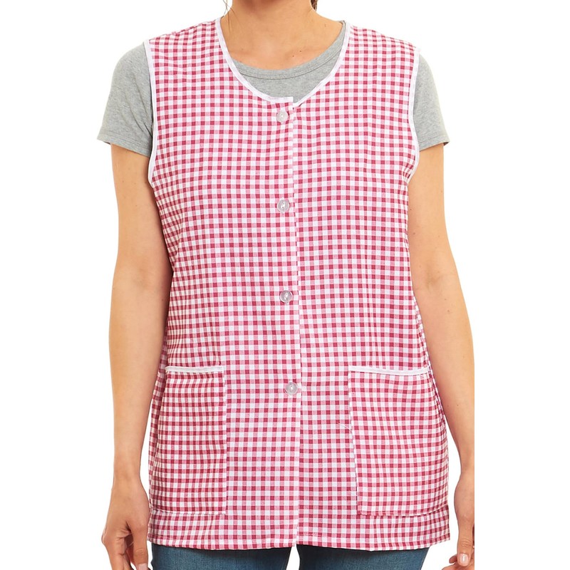 Ladies Gingham Buttons Through Design Piping Tabard Apron Overalls Front