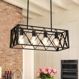 Pretoy Kitchen Light Fixture Black Farmhouse Chandelier for Dining Room Rectangle Kitchen Island Pendant Lighting 4-Light Metal Industrial Linear Chandelier for Living Room