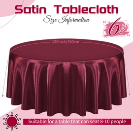 6 Packs Satin Tablecloth 120 inch Burgundy Round Tablecloths, Overlay Satin Table Cover Bright Silk Tablecloth Smooth Fabric Table Decoration for Wedding Party Banquet Events
