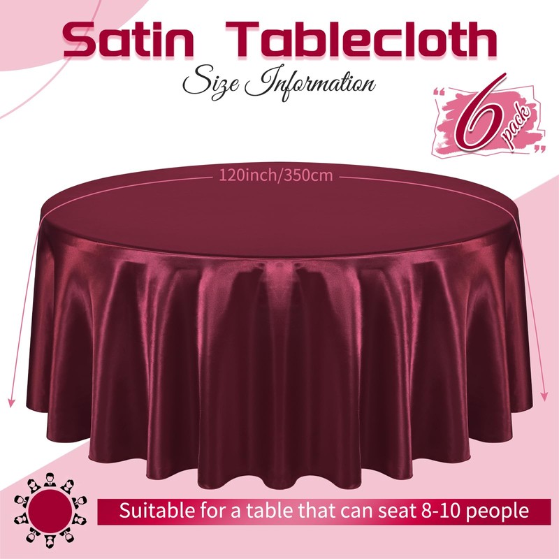 6 Packs Satin Tablecloth 120 inch Burgundy Round Tablecloths, Overlay