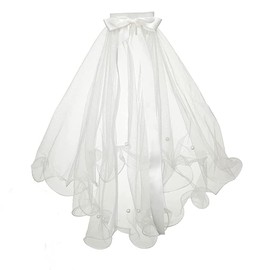 Double Bow Pearl Veil，Two Tier Wedding Veil Bridal Tulle Veils with Hairpin and White Satin Ribbon Edge Beading, 31.5inch Long, White