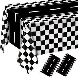 QISOLIY 2 PCS Race Car Tablecloths Racing Car Theme Disposable Table Cloth Black Checkered Flag Racetrack Rectangular Table Covers for Birthday Party Decorations, 54 x 108 Inch