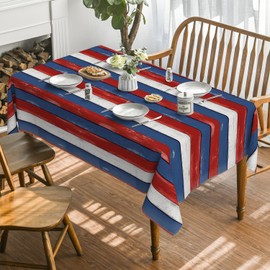 Horaldaily Red Blue Wood Grain Tablecloth 60×84 Inch Rectangular, Rustic Red Blue Wooden Stripes Vintage Table Cover for Western Barn Themed Party Dinner Patio Garden