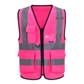 A-SAFETY 7 Pockets Hi Viz Zipper Front Working Safety Vest with Reflective Strips, Multiple Colors Available, Pink 4XL-5XL