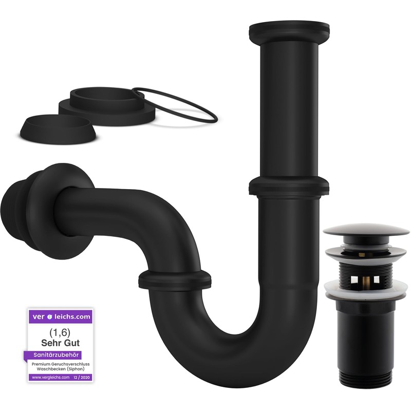 Black Siphon Sink Drain Fitting with Overflow, Pop Up +