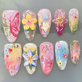24Pcs Flower Press on Nails Medium Almond Fake Nails Colorful Flowers Bow Butterfly with Rhinestones Designs Full Cover Cute Stick on Nails Summer False Nails for Women Girls Artificial Acrylic Nails