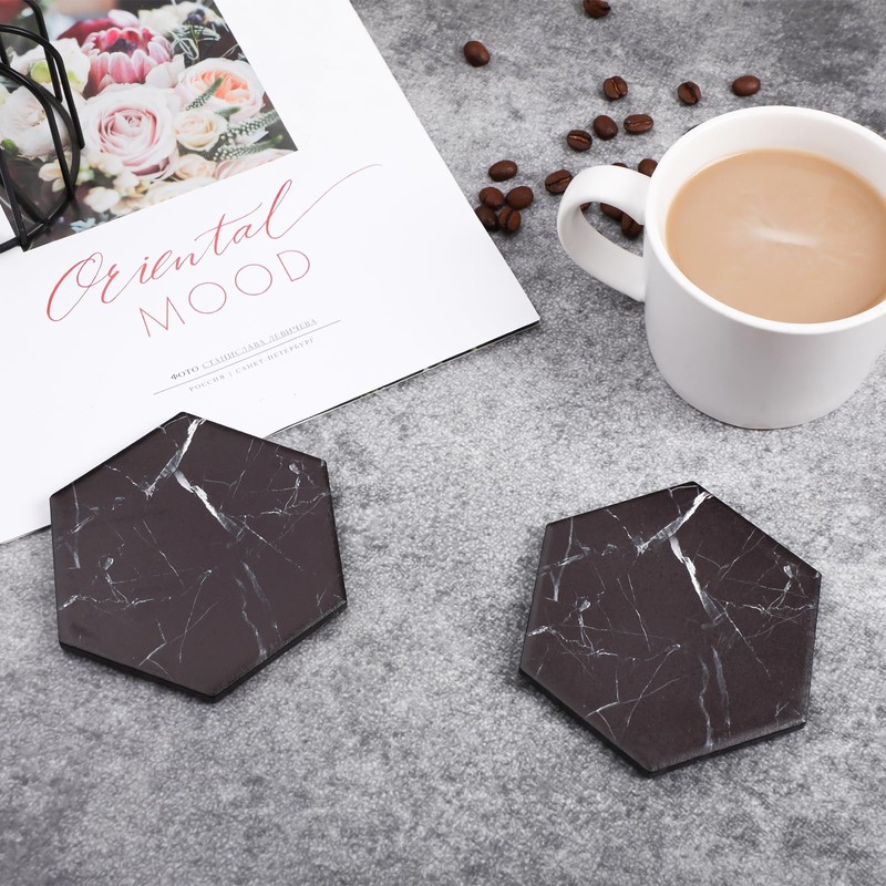 Warmroom Absorbent Hexagon Black Marble Coasters for Drink with Gold
