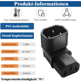 MejaRizon IEC Plug C14 to C13 Female 3 Pin 250 V 10 A Angled C13 to C14 Plug for PDU, UPS, Computer and HDTV Pack of 2