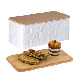 HOME PALETTE Large Bread Box for Kitchen Countertop Corner Breadbox for Homemade Bread Metal White Hexagon Stripe Pattern Embossed Bread Storage Container Bin with Bamboo Lid