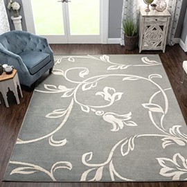 SUPERIOR Indoor 8' x 10' Area Rug with Jute Backing, Shabby Chic Floral Decor, Perfect for Living Room, Bedroom, Office, Hallway, Entry, Dorm, Kitchen, Hardwood Floors, Vine Collection, Grey