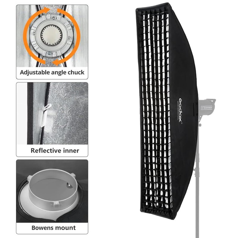 Godox Softbox Bowens Mount 2PCS 30x120cm /12"x47", Strip Honeycomb Grid
