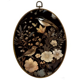 MAQIKA Botanical Brid Oval Framed Wall Art Decor, Vintage Botanical Wall Art, Mid Century Modern Flower Oval Wall Hanging Decor, Farmhouse Floral Canvas Prints Wall Art for Kitchen Bedroom, 8.7x11.3