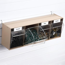 Memorywuu 4 Tilt Out Storage Slatwall Bins Plastic Tip Out Bin with Metal Hooks and Labels Wall Mount Slatwall Hanging Storage Containers for Garage Workbench Home Organization, 23. 6 x 8. 1 x 6. 6''