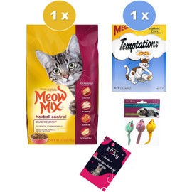 Meow Mix Hairball Control cat Food(3.15 LB) and Temptations Hairball Control Chicken(4.9 Oz) Bundle, Includes kit with 03 mouses Toy and a Pet Nutrition Booklet.