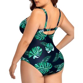 Daci Women Plus Size One Piece Swimsuits Tummy Control Vintage Ruched Bathing Suits Retro Swimwear, Green Leaves, 20 Plus