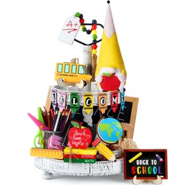 16 Pcs Back to School Tiered Tray Decor Gnome Plush Tray Decor Farmhouse Rustic Wood Table Signs with String Lights for Classroom Holiday Table Centerpieces Home