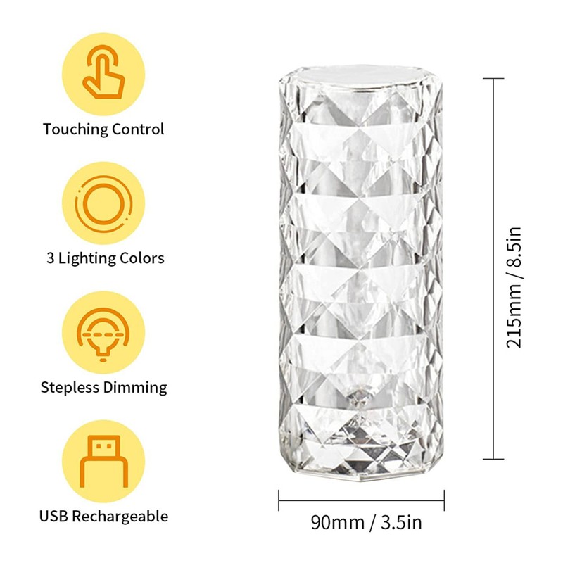 Crystal Table Lamp Light 3 Colours Changing USB Chargeable LED